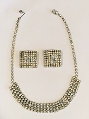 Vtg WEISS Sparkling Clear Rhinestones Square Shape Earrings & Necklace 15” Set