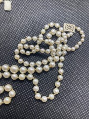 Graduated Double Strand Knotted Antique Pearl Sterling Silver Clasp 17” Signed M