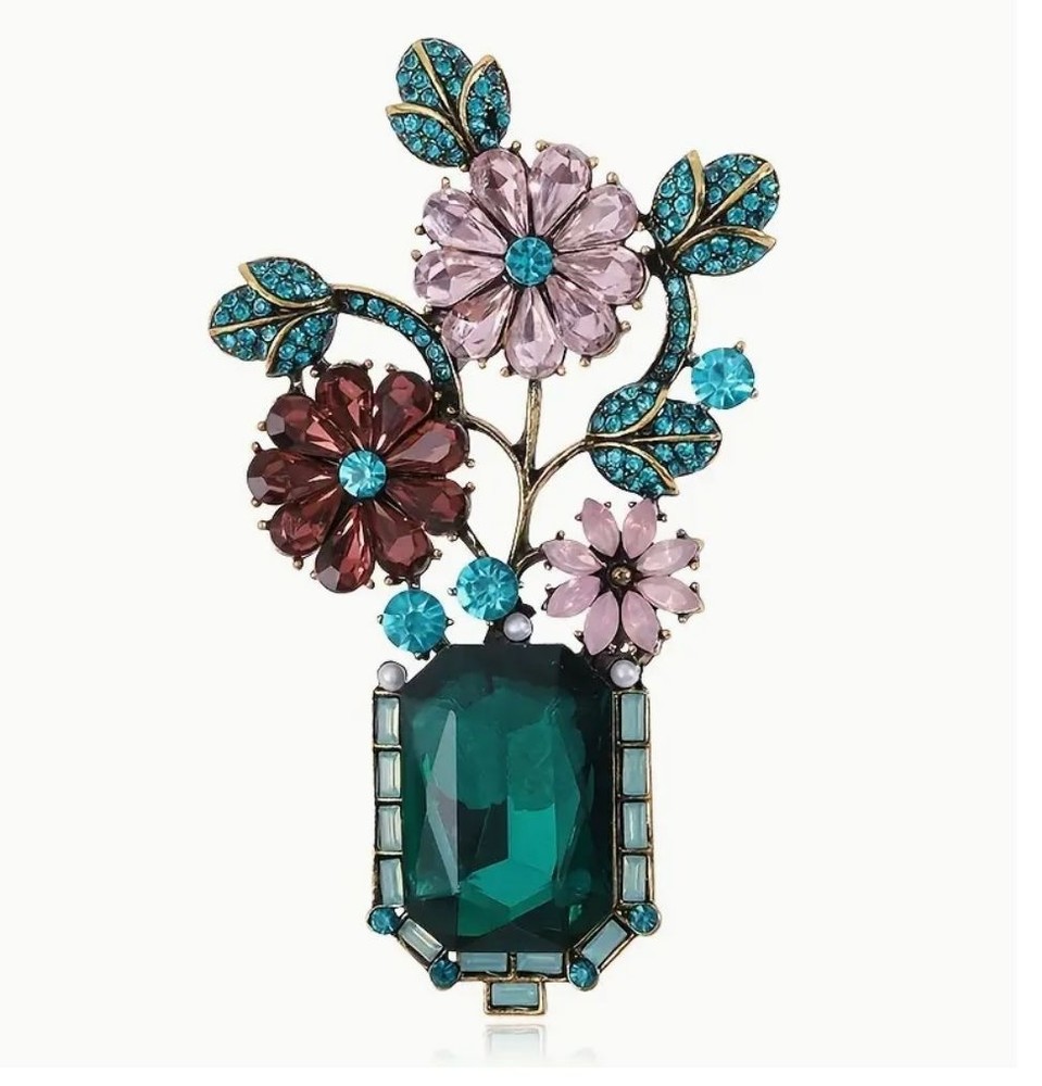 Women’s Art Deco Style Floral Rhinestone Brooch Pink & Green