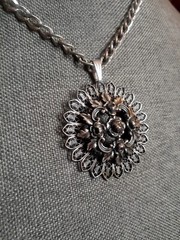Vintage Filigree Flower 3D Pendant Lightweight Necklace W/button Clasp