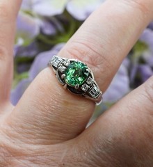 Vintage Green Tourmaline Cushion Baguette Diamond Platinum Ring Estate