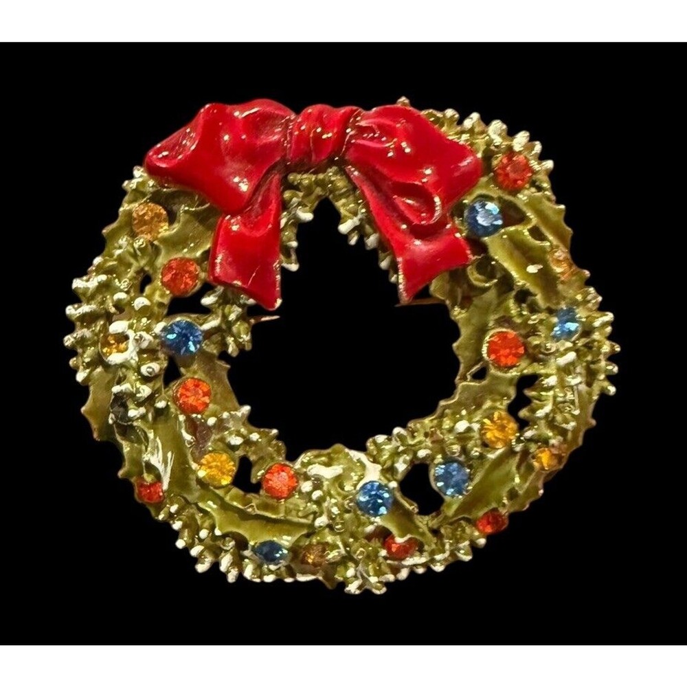 Vtg By ART Antiqued Gold Tone Colorful Rhinestone Enamel Christmas Wreath Pin