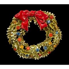 Vtg By ART Antiqued Gold Tone Colorful Rhinestone Enamel Christmas Wreath Pin