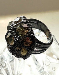 Vintage Dark Cocktail Dome Ring with 9 Greenish/Smoky Rhinestones Size 6