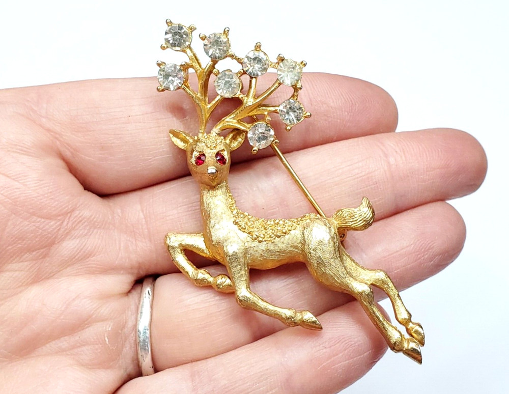 Vintage Signed Mamselle Rhinestone Leaping Reindeer Christmas Holiday Brooch Pin
