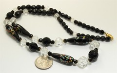 Vintage Handmade Venetian Black Art Glass & Crystal Bead Necklace 27″