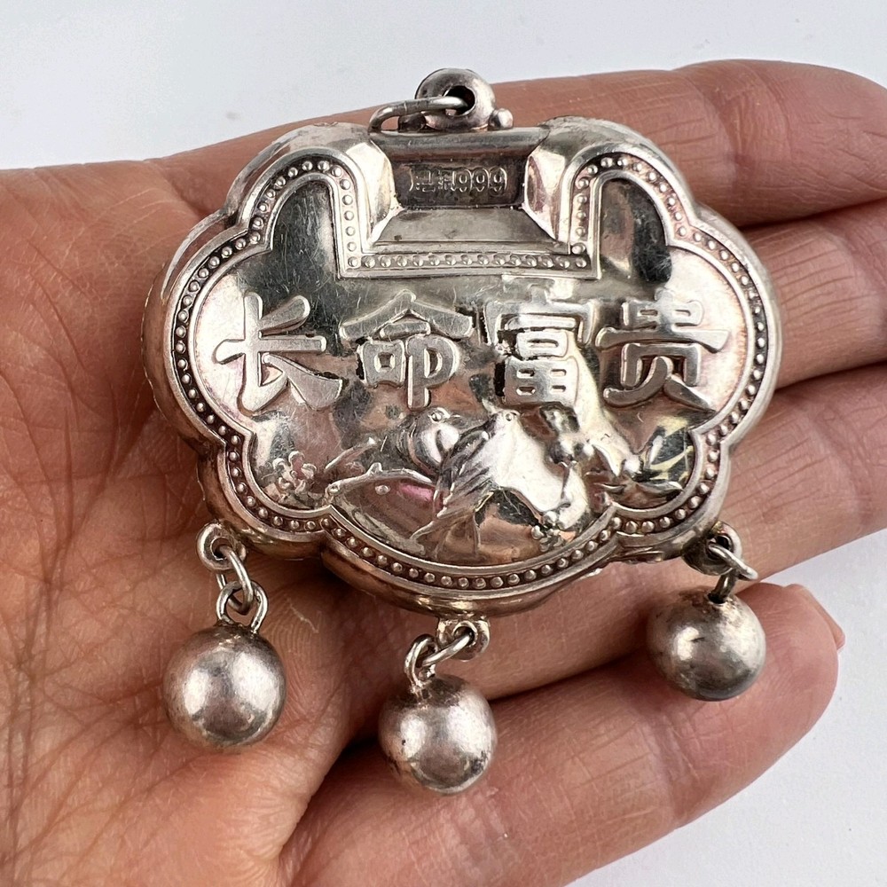 Large Antique Chinese Lock Charm Silver 999 Ethnic Pendant Amulet Rooster Bells