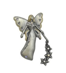Fairy Angel Pin Imagine Crystal Dangling Snowflakes Brooch Pewter Look Signed DD