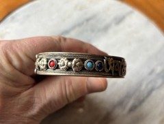 Tibetan Silver OM MANI Mantra, Turquoise, Lapis, Coral inlays Bracelet 43
