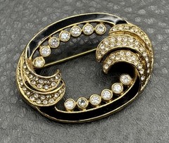 Vintage 1928 Brand Gold Tone Black Enamel Crystal Swirl Brooch Pin Deco Style