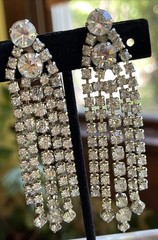 Vintage Huge Prong Set Rhinestones Chandelier Dangle Drop Clip On Earrings