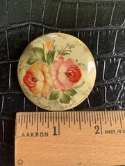VTG Russian Lacquer Brooch Pin Signed Hand Painted Floral Round Pink Gold Cream