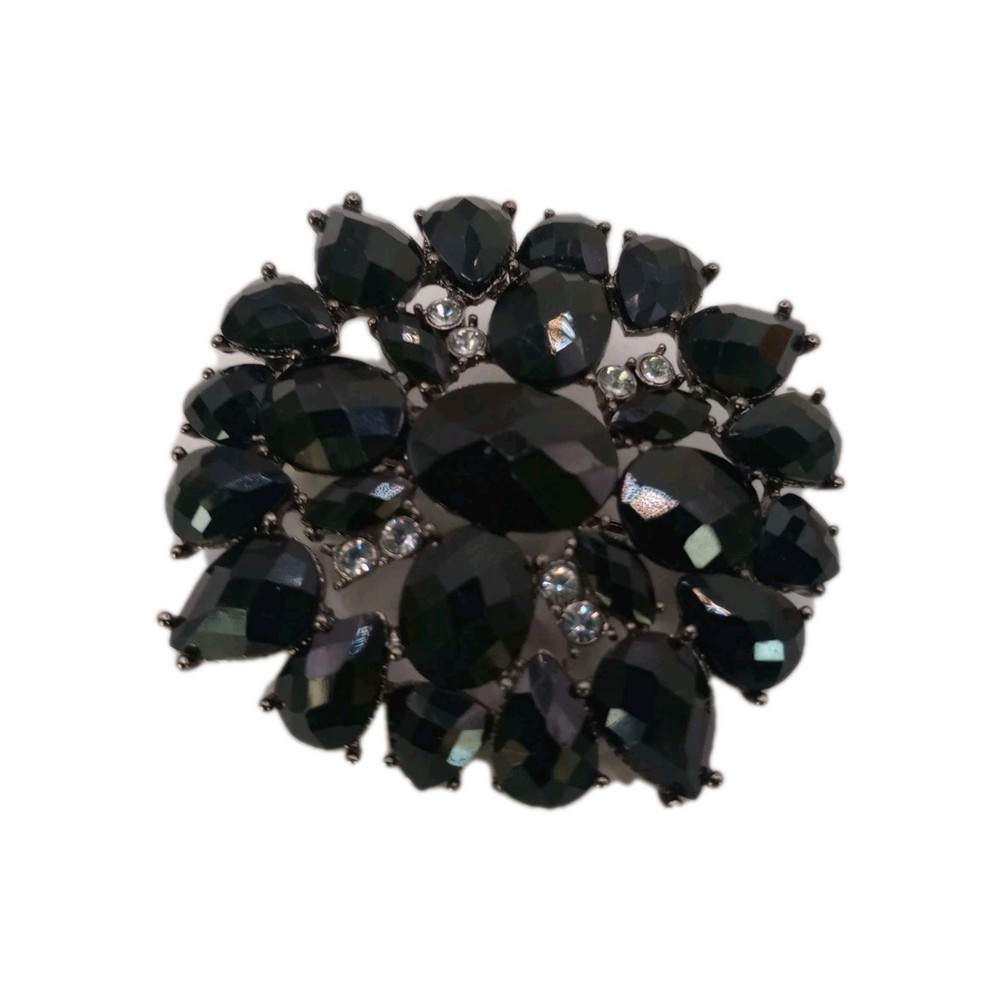Vintage Black Rhinestone Cluster Brooch Gunmetal Tone Statement Pin 2 by 1 3/4