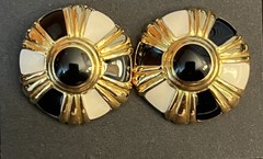 Vintage Signed Monet Black Cream Enamel and Gold Tone Post Earrings