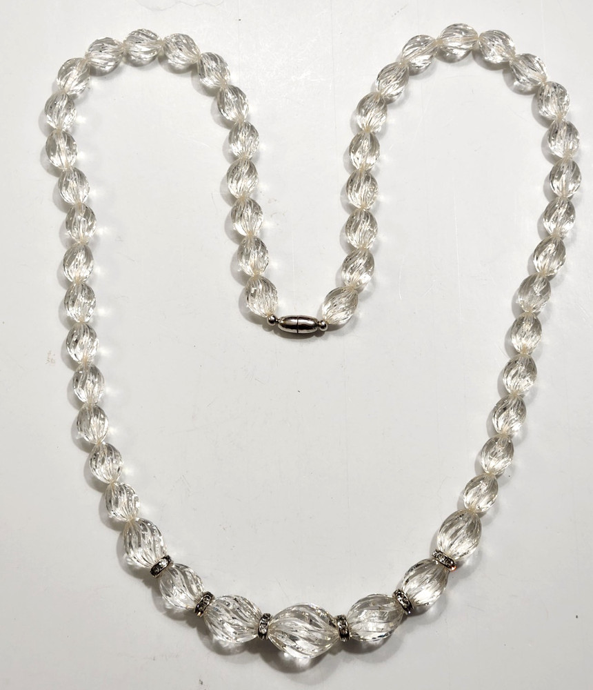 Vtg Graduated Glass Swirl Beads Rhinestone Spacers Silvertone Art Deco Beauty