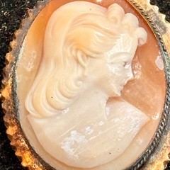 CAMEO brooch antique pink white trombone clasp brass frame heavy verdigris