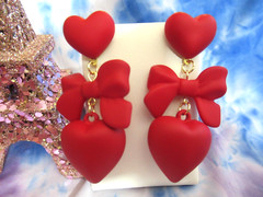 Baroque Style Stunning RED Hearts with RED Bow Pierced Valentine Earrings NEW