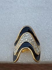 Vintage 18K Yellow Gold Plated Black Enamel And Rhinestones Ring Size 8