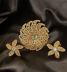 Vintage 1960’s Judy Lee Filigree-Rhinestone Flower Brooch & Clip Earrings Set