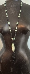 Sterling Silver Carved Jade Cylinder Deco Tassel Necklace Wired Black Glass Bead