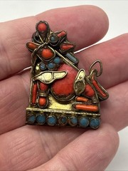 Scarce Vintage 1930s Nepalese Tibetan Brass Coral Turquoise Foo Dog Brooch
