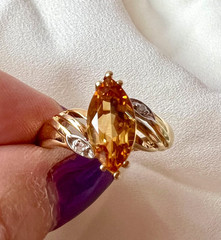 VINTAGE SOLID 14K YELLOW GOLD MARQUISE NAVETTE GOLDEN HONEY CITRINE DIAMOND RING
