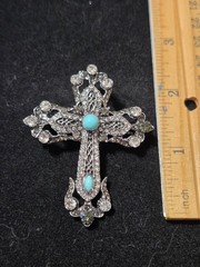 Ornate Silver Cross Brooch blue stone accent