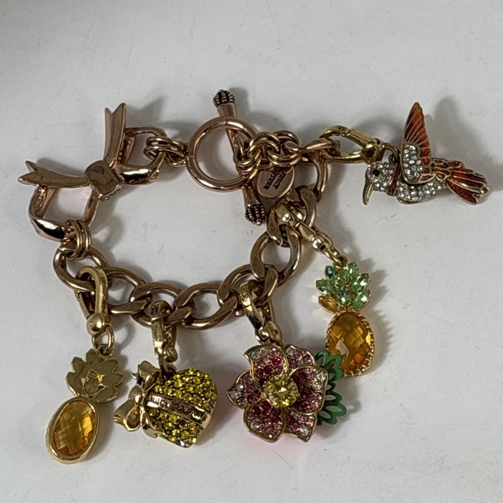 Vintage Juicy Couture Charm Bracelet Y2K Pave Rhinestones Bits Heart Flower