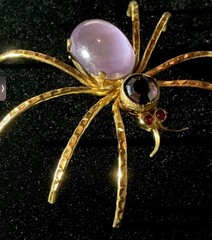 Vintage Czech Spider Brooch Gold Cats Eye Glass Cabochon Purple Rhinestone