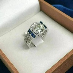 Art Deco Style Lab Created Diamond & Sapphire Wedding 14k White Gold FN Ring Set