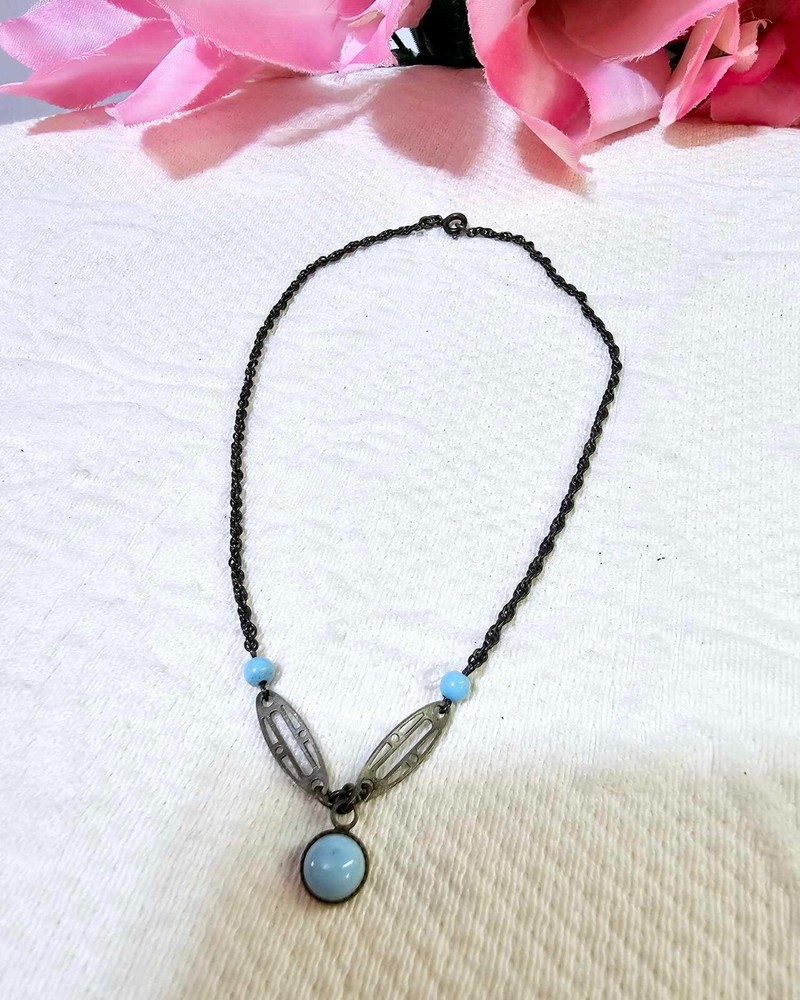 VTg Sterling Silver Choker Necklace w Blue turquoise 12in” tested- S24- READ