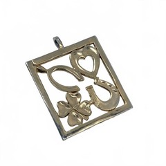 Vintage Gold Tone Good Luck Symbols Square Pendant Horseshoe Clover Heart Boho