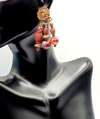 Burgundy Cranberry Copper Colored Multi Shape & Strand Bead Pierced Vtg Earrings