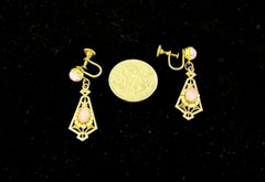 VTG Antique DECO PINK Cat’s Eye Glass Cabochon Filigree Drop Screw Back Earrings