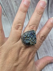 Large Vintage 925 Sterling Silver Blue Gold Druzy Ring Size 8.5 Estate Jewelry