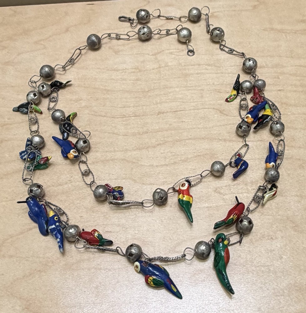 Vtg Mexican 2 Strand Wedding Chain 30” Silver Ball Hand Painted Bird Necklace