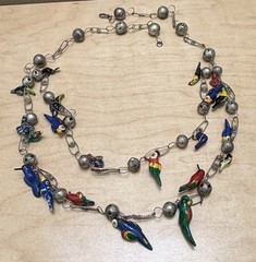 Vtg Mexican 2 Strand Wedding Chain 30” Silver Ball Hand Painted Bird Necklace