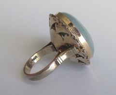 Sz 5.75 BIG BOLD VINTAGE STERLING SILVER CELEDON JADE SOLITAIRE RING TAIWAN