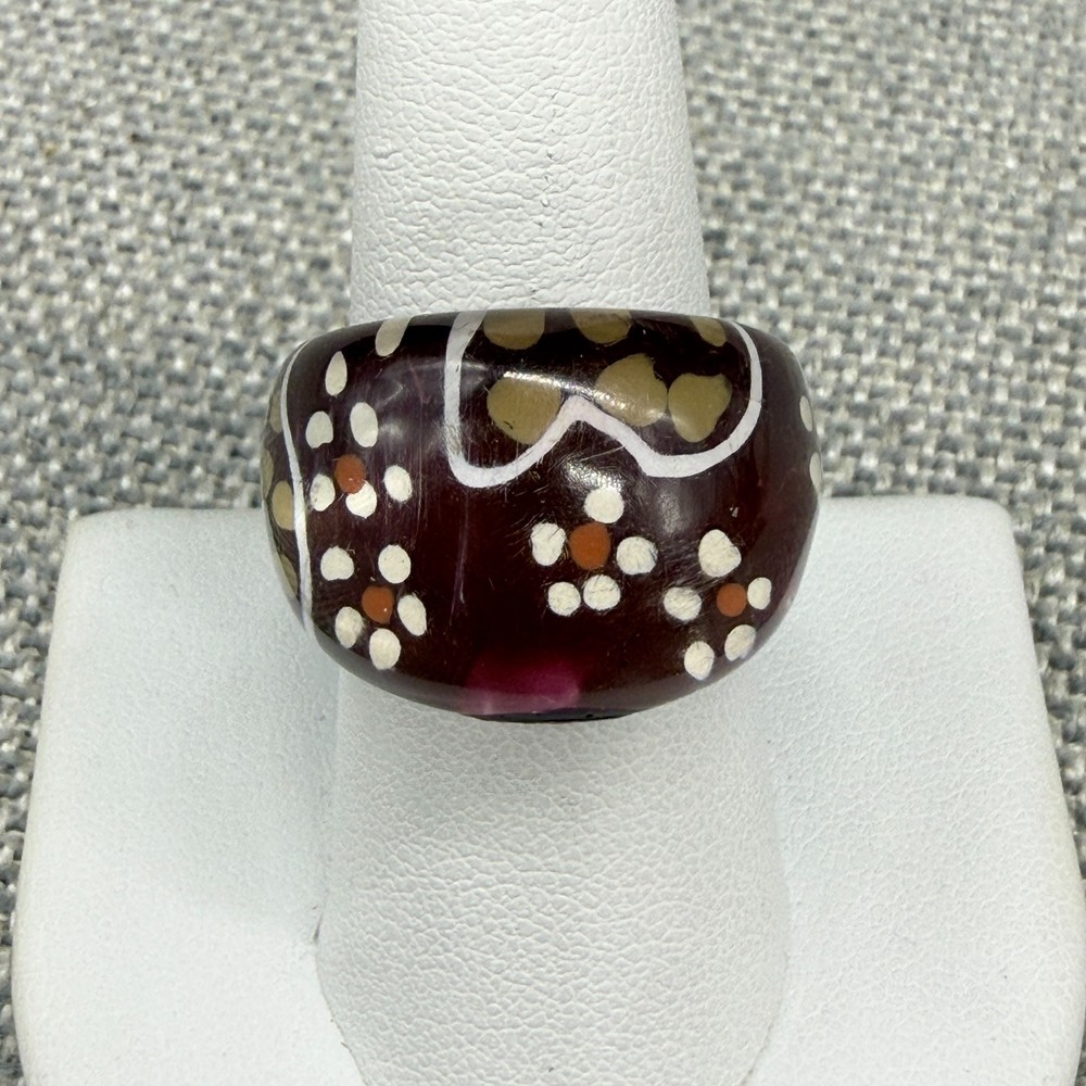 Vintage Ring Burgundy Domed Lucite Painted Flowers Boho Size 7.75