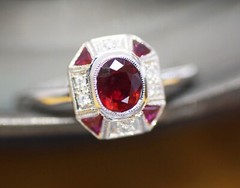 Art Deco Style Oval Ruby & Lab Created Diamond Engagement 14K White Gold FN Ring