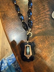 Victorian Mourning Necklace Carved Black Onyx Shield Pendant-onyx beads