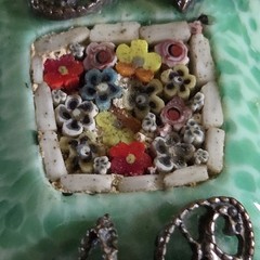 Antique Silver Tone Millefiori Micromosaic Brooch Pin Green Rhinestones Art Deco