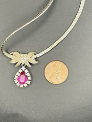 Vintage 835 Silver Art Deco Pink Stone Pendant Necklace 18″ Long