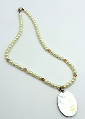 Faux Pearls & Pink Rhinestones Necklace With Carved Mother of Pearl Cameo VTG