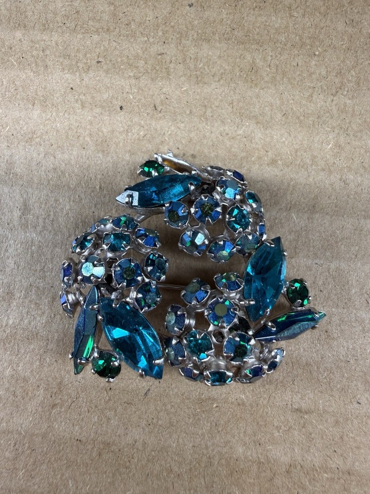 Vintage Sherman Blue Green Rhinestone Brooch Missing One Stone