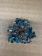 Vintage Sherman Blue Green Rhinestone Brooch Missing One Stone
