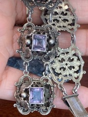 Antique Austro-Hungarian 800 Silver Filigree Amethyst Panel Bracelet – 38.56g 8”