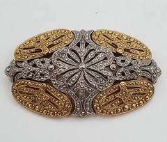 VTG Art Deco Style Brooch 2.5in Two Tone Filigree Domed Openwork Heavy 3D Estate