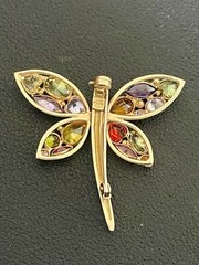 14KT Yellow Gold 2.50CTW Multi Color Gemstones Dragonfly Brooch(FL406)