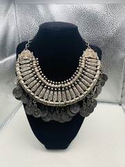 Vintage Silver Tone Boho Ethnic Tribal Coin Coachella Fringe Statement Necklace